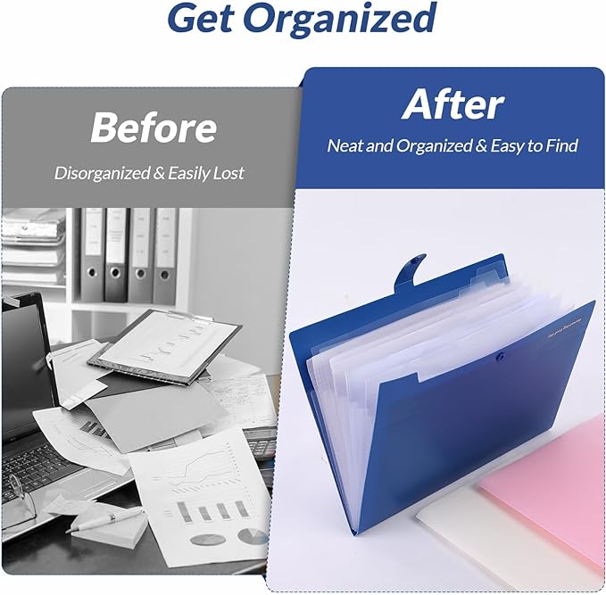 SKYDUE Accordion File Organizer, Expanding File Folder with 8 Pockets, Expandable Document Paper Receipt Organizer, Letter/A4 Size Filing Folder School Office Supplies Blue