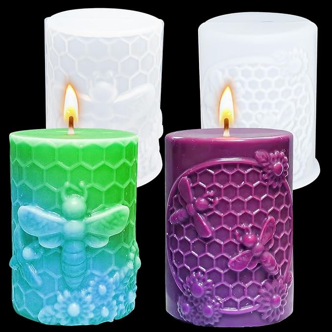 Honeycomb Bee Candle Silicone Molds 2PCS with Flowers Design, White Resin Cylindrical Mould Set, Soap Wax Beeswax Epoxy Casting Clay Mold-Kit, 2 Pack