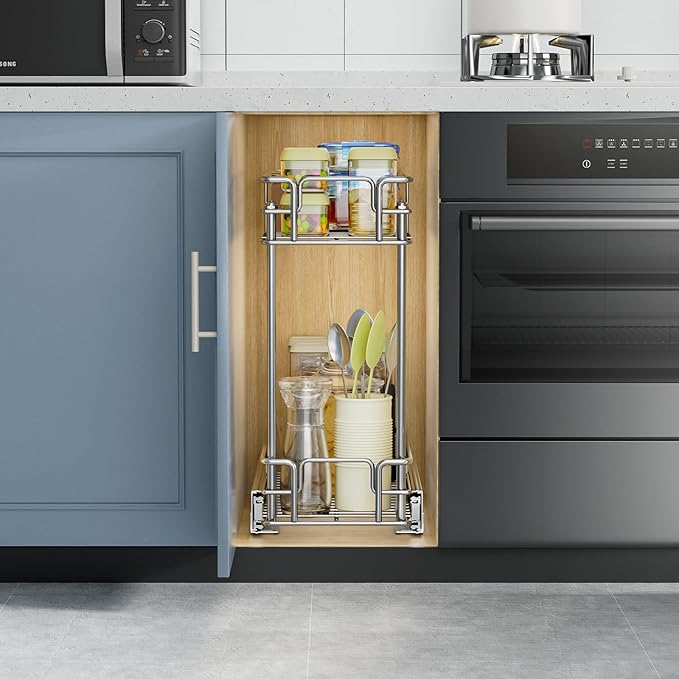 ROOMTEC Pull Out Cabinet Organizer for Narrow Cabinet (8.5" W X 21.5" D), Kitchen Cabinet Organizer and Storage 2-Tier Cabinet Pull Out Shelves Under Cabinet Storage for Kitchen, Chrome