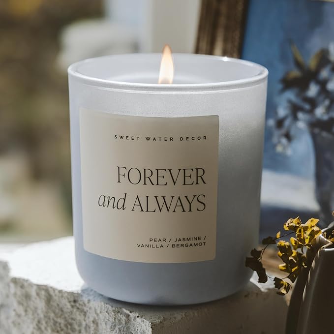 Sweet Water Decor Forever & Always Candle, 15oz Blue Matte Jar, Cashmere, Sandalwood, Jasmine, and Vanilla Scented, Non-Toxic Soy Wax, Wedding and Engagement Gift for Bride, Bridal Shower, Newlyweds