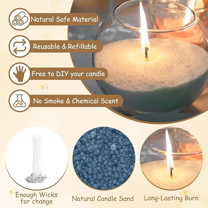 MECCANIXITY Pearled Sand Candles with 30 Pcs Wicks 14Oz / 400g Candle Beads Refillable Powder Sand Wax Making Kit for Thanksgiving Christmas Wedding Party DIY Home Crafts, Sea Blue