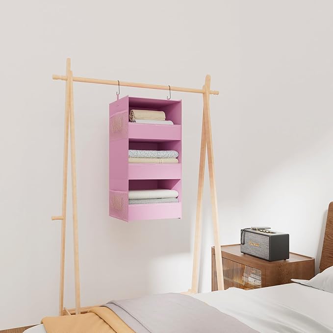 3-Shelf Hanging Closet Organizer and Storage, Foldable Hanging Closet Shelves Front Lip Design Washable Hanging Storage, Pink