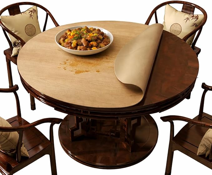 Wood Grain Round Table Protector 48/52/42/54/36 inch, Waterproof PU Leather Table Mat, Heat Resistant Circular Dining Table Pad for Kitchen, Coffee Table, Office Desk,(Apricot,28in)