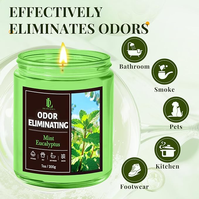 Mint Eucalyptus Odor Eliminating Highly Fragranced Candle, Eliminates 95% of Bathroom & Pet Odors Quickly, Air Freshing Scented Candles, Soy Candle Gifts for Women Men, 7oz