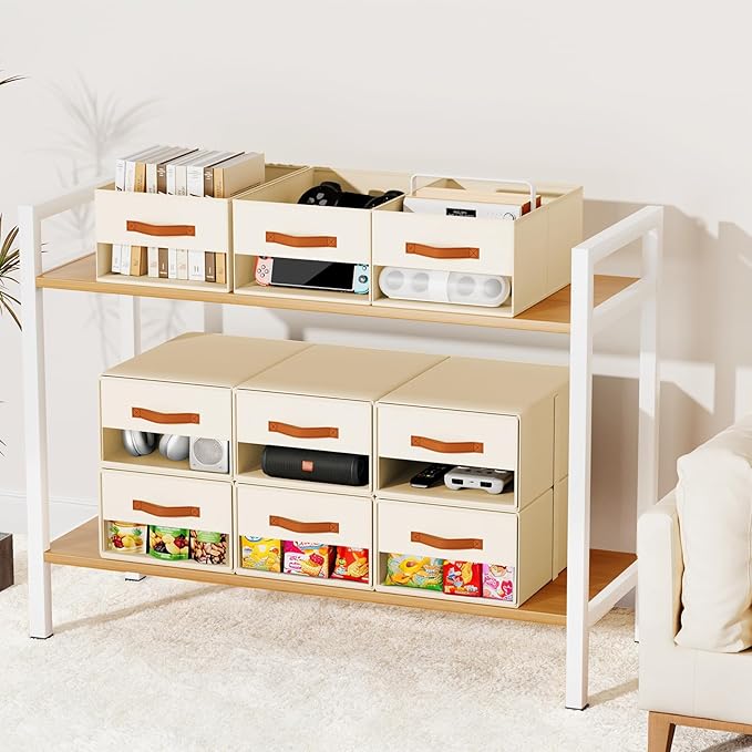 Stackable Storage Drawers - Pull Out Storage Bins with Drawers for Closet Clothes Organizers with Weekly Labels & Clear Window, Closet Shelf Storage for Bedroom, Living Room, 5 Pack, Beige