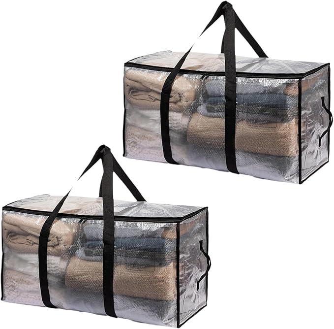 2-Packs Extra Large Heavy Duty Moving Bags, Waterproof Storage Totes with Handles & Zippers Storage Bags Totes for Clothes Packing, Dorms, College Supplies, Space Saving, Clear