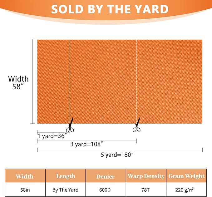 Waterproof Canvas Fabric by The Yard 58inch 600D Upholstery Material Polyester Fabric Outdoor Water Resistant Fabric for Sewing Chair Patio Cushion Purse Bag Interior, 10 Yard Orange