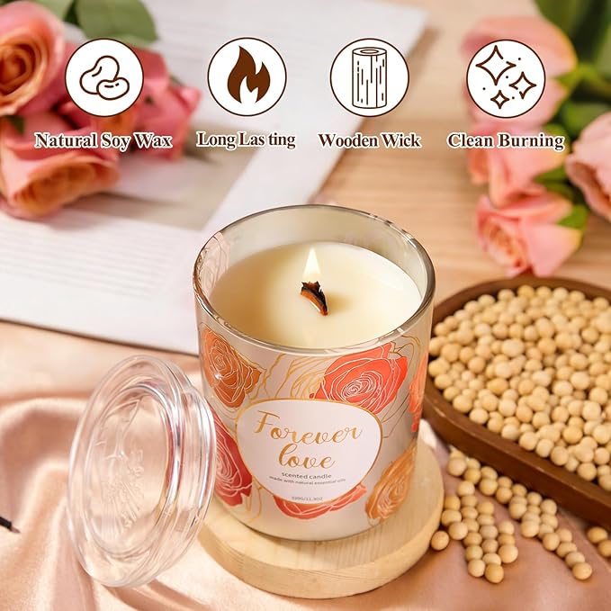 Candles for Women Gift,2 Pack Wood Wick Rose Peony&Vanila Amber Candle Set – Long Lasting Soy Wax Candles with Gift Boxes, Holiday Aromatherapy Candles for Home Decor & Holiday Gifts