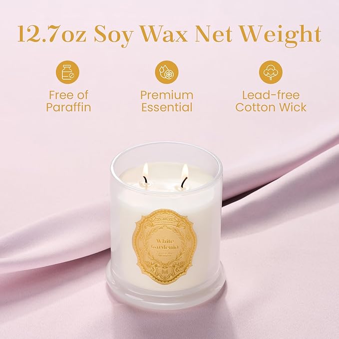 M&SENSE White Gardenia Candles for Home Scented, 2 Wick 12.7oz Soy Wax Candles Non Toxic,70 Hours Long Burning,Christmas Candles Gift for Stress Relief, Meditation, Yoga