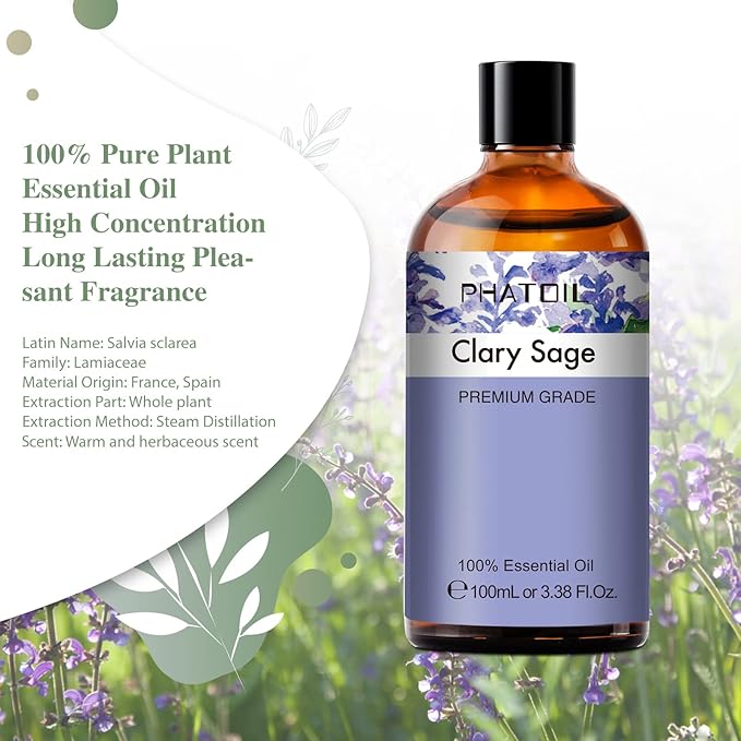 PHATOIL 3.38FL.OZ Clary Sage Essential Oil for Aromatherapy Diffusers with Glass Dropper, Humidifiers, Great for DIY Candle and Soap Making, Huge 100ML Bottle