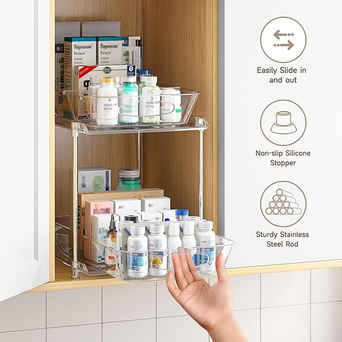 Under Sink Organizer, Bathroom Organizers and Storage, 2 Tier Multi-Use Pull Out Cabinet Organizer with Hang Hooks and Cups (transparent, 2 Pack)