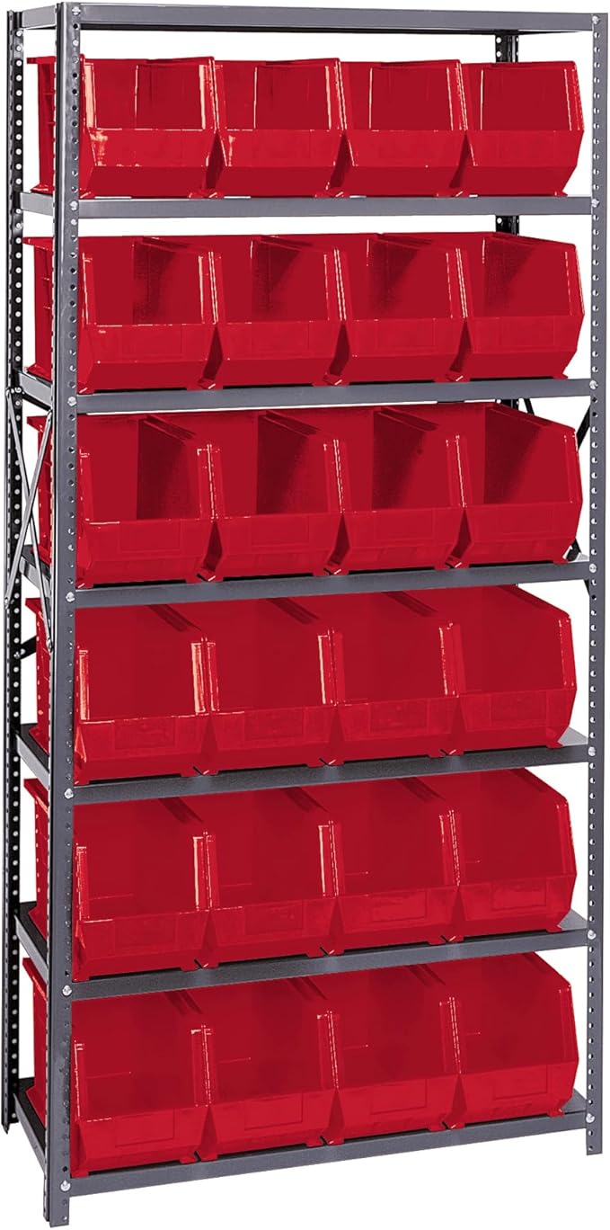 Quantum Storage Systems QSBU-265RD Giant Open Hopper Steel Shelving System, 18" D x 36" W x 75" H, with 7 Shelves and 24 QUS265 Bins, Red