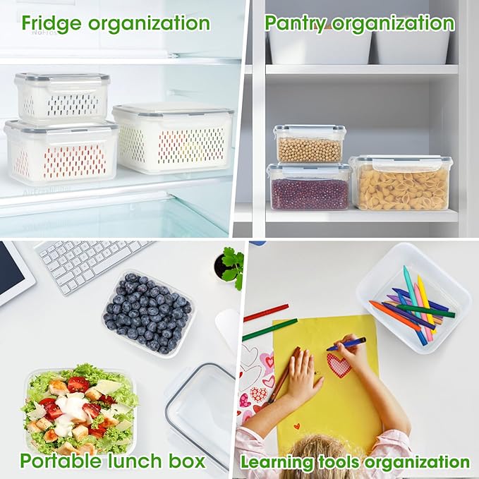 TBMax Fruit Storage Containers for Fridge Organizers and Storage, 10 Pieces Large Produce Saver with Airtight Lid & Colander for Berry Lettuce Salad Vegetable Storage, Refrigerator Organizers
