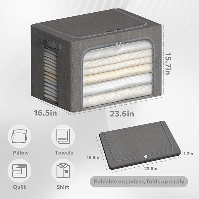CYhom 4 Pack Clothes Storage Bins with Metal Frame - Linen Fabric Foldable Stackable Container Organizer Set with Clear Window & Carry Handles & Zippers (Dark Gray, 23.6"x16.5"x15.7")