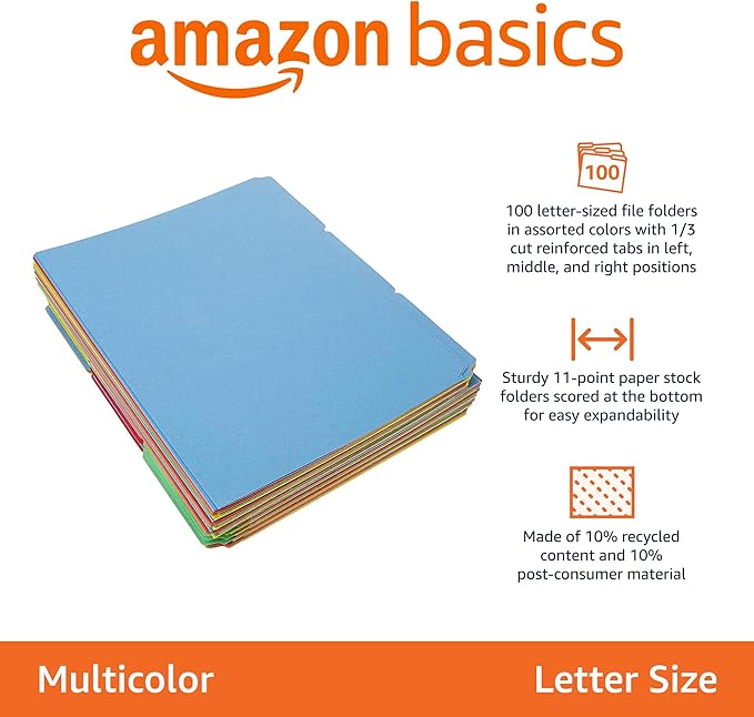 Amazon Basics Sturdy File Folders with Tabs for Filing and Organization, AMZ401, Letter Size, Assorted Colors, 100-Pack
