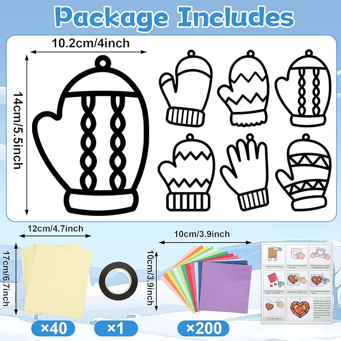 Qyeahkj 36 Set Winter Glove Suncatchers Crafts Kit DIY Window Tissue Paper Craft Kits Gloves Hanging Ornaments Decor Christmas Holiday Arts for Home Activity Art Party Favor Gift