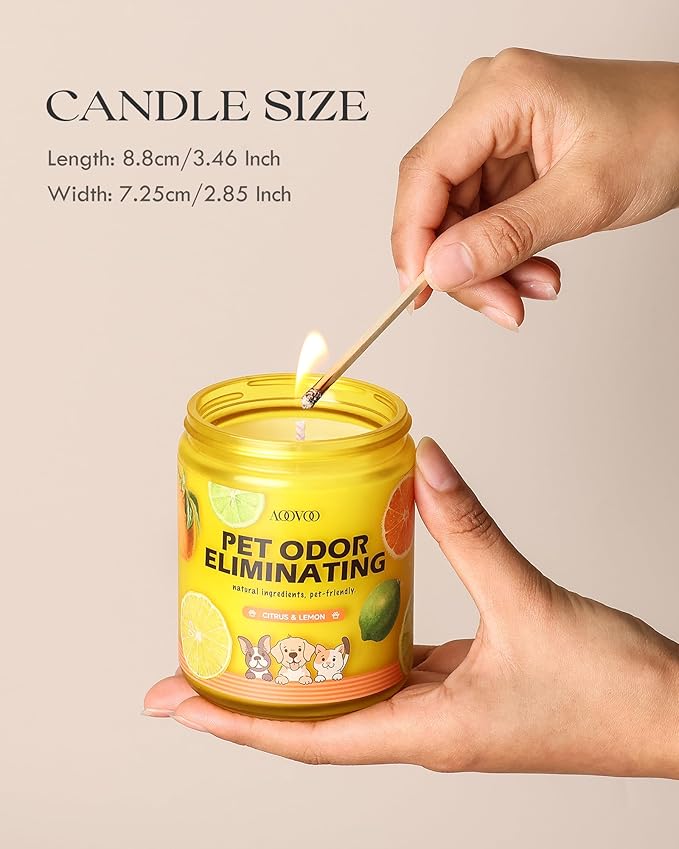 AOOVOO 4 Pack Lemon Citrus Pet Odor Eliminating Highly Fragranced Candle - Eliminates 95% of Pet, Smoke, Food, and Other Smells Quickly, Non Toxic Air Freshing Soy Candle
