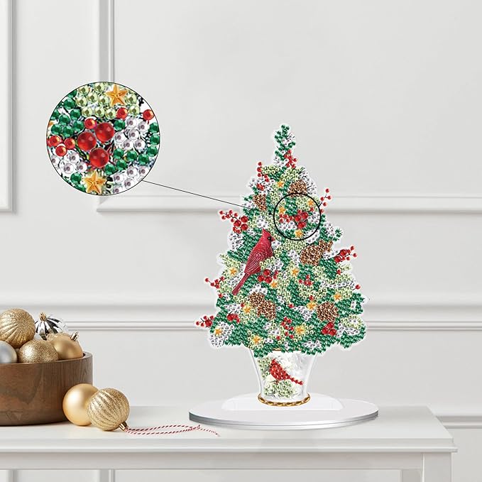 DIY Diamond Painting Tabletop Ornament Kit, Acrylic Diamond Art Desktop Ornaments Christmas Tree with Cardinals, Special Shaped Crystal Diamond Painting Table Top Home Office Christmas Decor