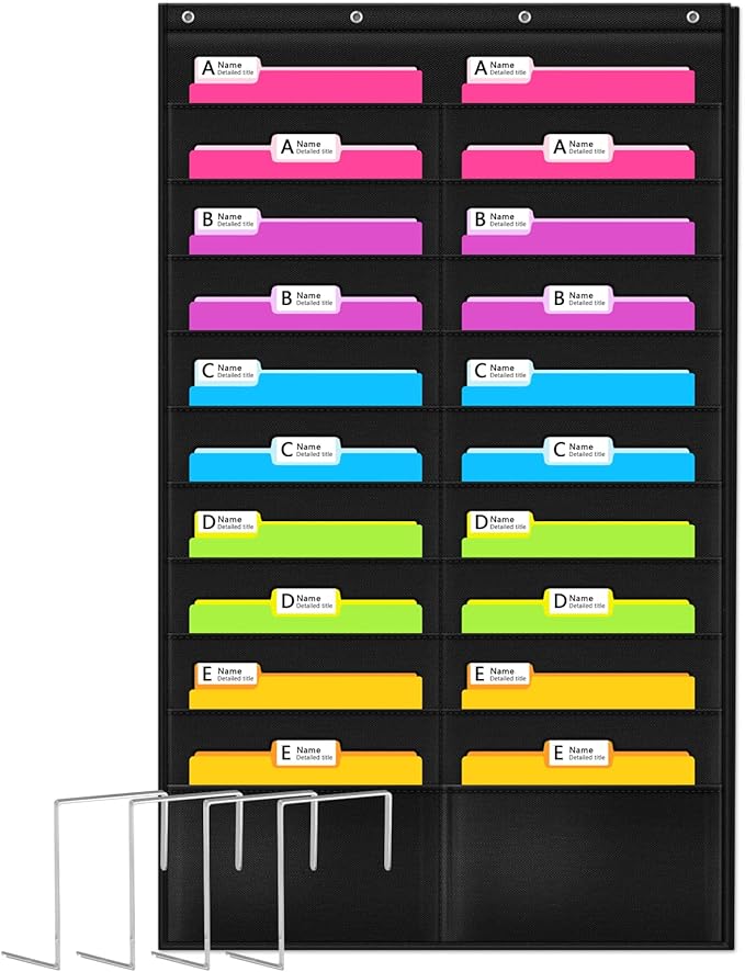 Godery Folder Pocket Chart (Black), Cascading Wall Organizer for School, Classroom, Home or Office Use, 20 Pocket Chart Hanging Wall Organizer with 4 Hangers