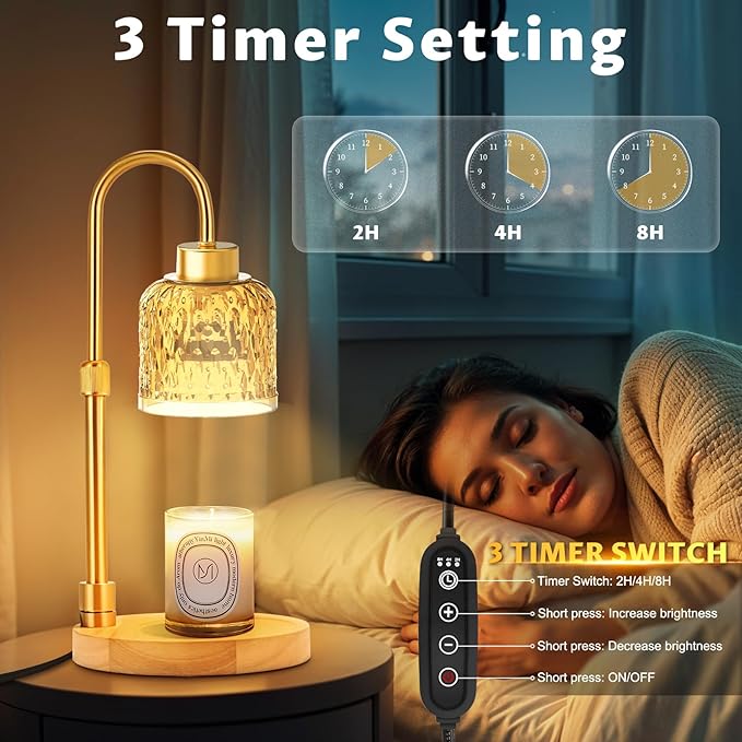 Candle Warmer Lamp Dimmable with Timer and 3 Bulbs, Adjustable Height & Brightness, Electric Candle Wax Warmer for Jar Candles, House Warming Gifts New Home Decor (Amber)