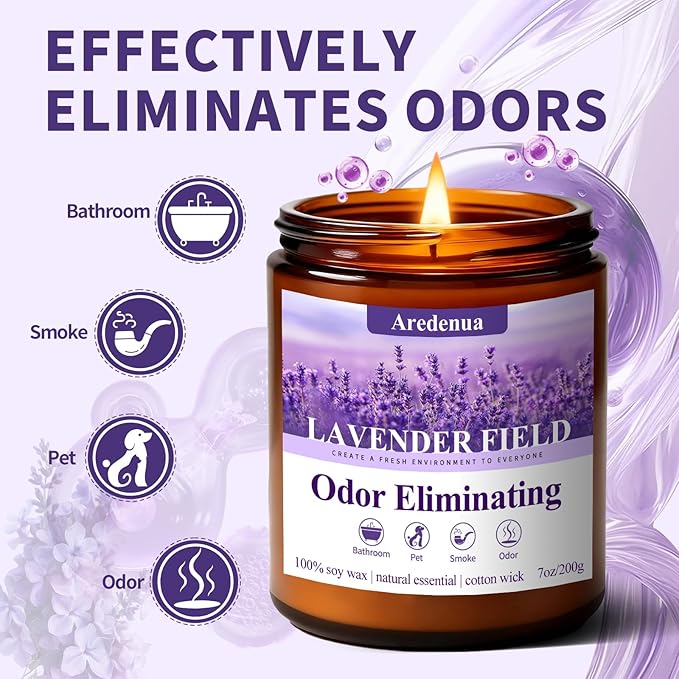 Lavender Odor Eliminating Candles | Eliminates 95% of Pet, Smoke & Bathroom Odors – 7oz Hand Poured Soy Candle - Aromatherapy Stress Relief Scented Candles - Relaxing Gifts for Calm & Fresh Homes