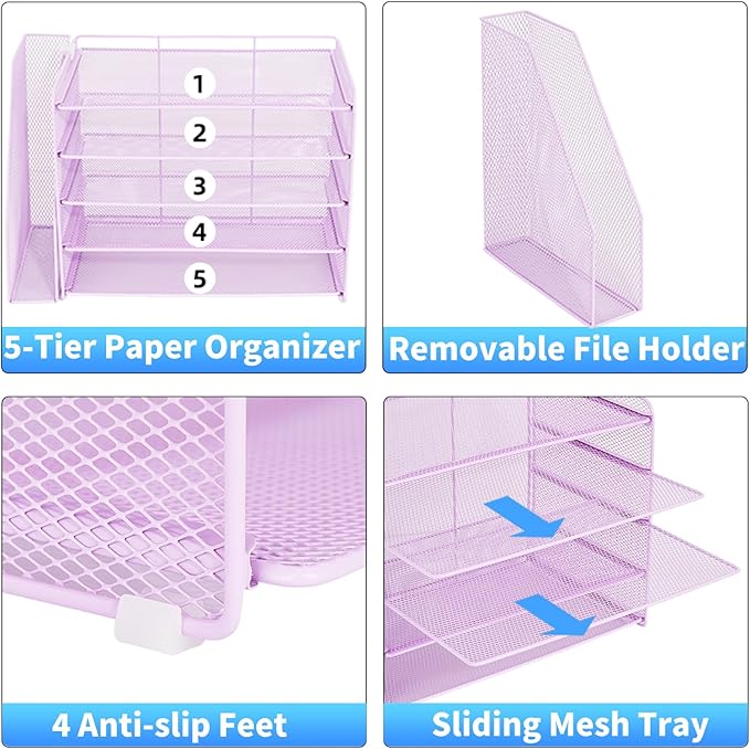 OPNICE Desk Organizer, 5-Tier Paper Organizer Letter Tray with Magazine Holder, Office Desk Accessories & Workspace Organizers, Desktop File Organizer for Office Supplies Storage, Purple