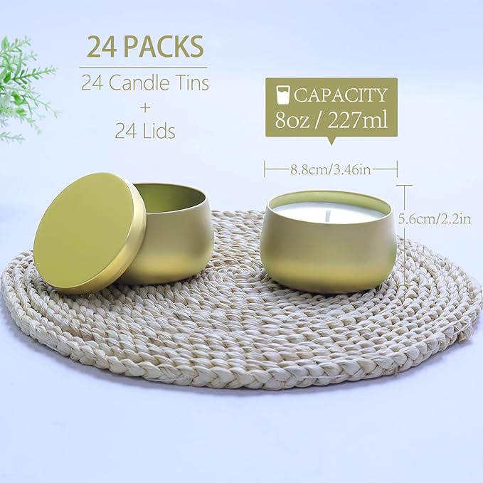24 Pack 8oz Glod Candle Tins for Making Candles - Bulk Metal Candle Containers with Lids. Empty Round Candle Jars for DIY & Travel. Shatterproof & Sturdy Vessels for Small Business.