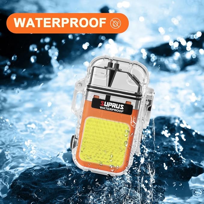 SUPRUS Waterproof 3 Modes of Flashlight Windproof Lighter Dual Arc Electric Rechargeable Dual Arc Plasma Lighter with Survival Emergency Whistle and Lanyard (Orange)