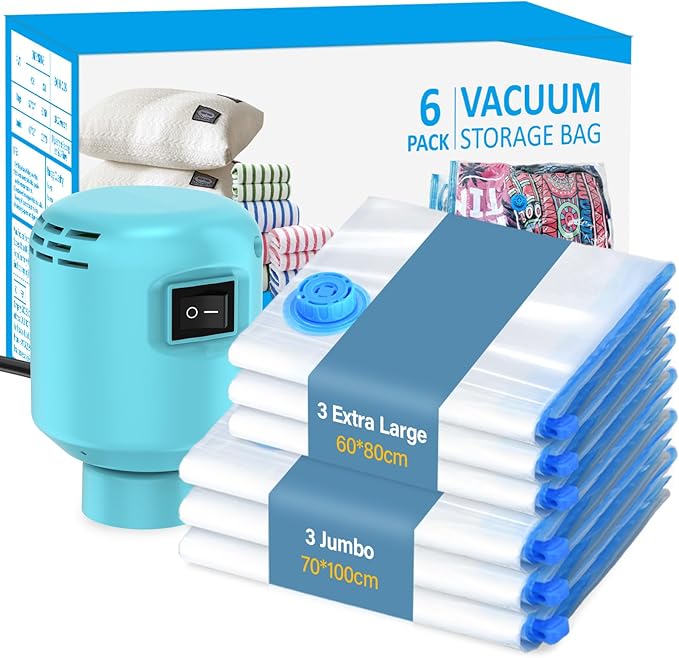 kissleaf Vacuum Storage Bags with Electric Air Pump, 6 Pack (3 Jumbo, 3 Large) Fast Deflating Double Zip Seal Space Saver Bag for Clothes, Mattress, Blanket, Duvets