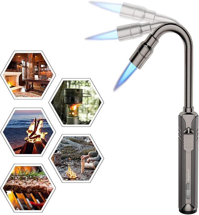 Butane Lighter Torch Long Lighter Refillable Jet Lighter Windproof Lighter with Visual Fuel Window Flexible Neck Lighter for Grill Fireplace Stove Camping Kitchen (No Butane Included) - Black