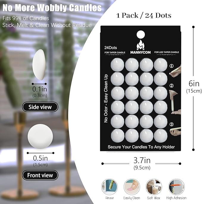 Taper Candle Sticky Dots - 24pcs Spiral Candle Sticky Dots Candles Adapter Soft Wax Candle Holder Accessories for Secure Candle Placement - White