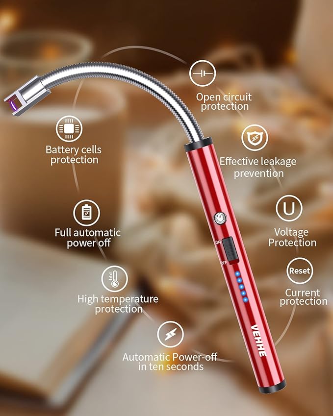VEHHE Lighter, Rechargeable Candle Lighter Camping Lighters with Safety Switch Flexible Neck LED Battery Display, Arc Long Lighters for Candle Cooking BBQs Fireworks