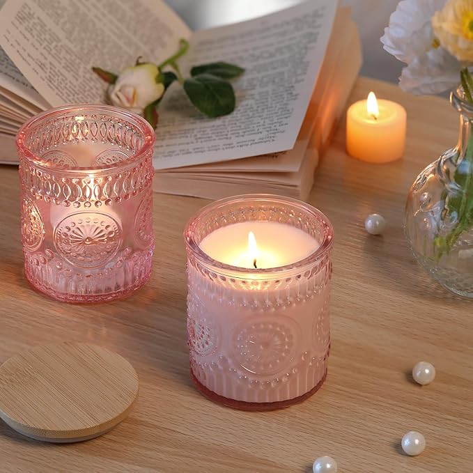 DARJEN 10 Pack Pink Candle Jars for Making Candles- 7.5 OZ Empty Glass Candle Making Jars with Bamboo Lids and Labels, Candle Containers Candle Making Jars for DIY Gifts