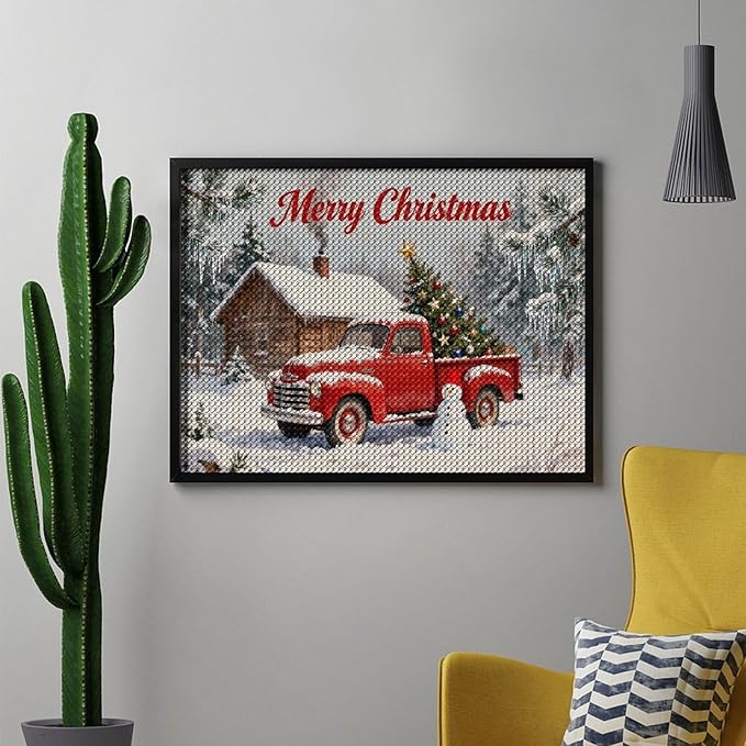 AIVKIEJK Diamond Painting Kits for Adults - Christmas Red Truck with Snowman, Snowy Cabin & Tree Painting DIY 5D Full Drill Diamond Dots Paintings with Diamonds Gem Art and Crafts Home Decor 12"x16"