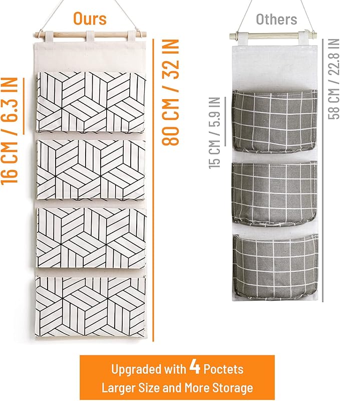 CROWNED 2Pcs Over Door Hanging Storage Bags Wall Mount Closet Organizer, 4 Big Pockets Linen Cotton Fabric Living Room Bedroom Bathroom File Magazine Waterproof Free Hooks White