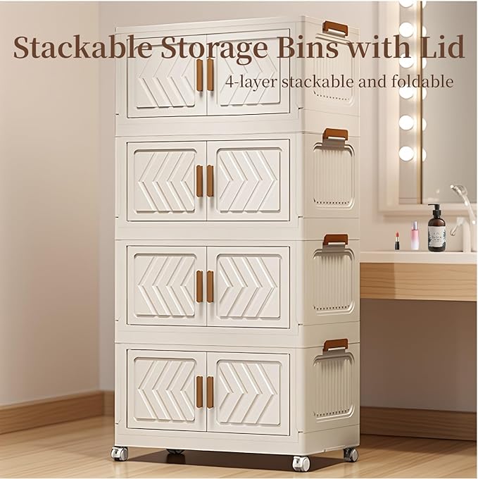4-Tier Stackable Storage Bins with Lids 94QT Plastic Large Collapsible Storage Containers with Wheels and Magnetic Doors Foldable Closet Organizers for Bedroom Dorm Garage Home Office, White