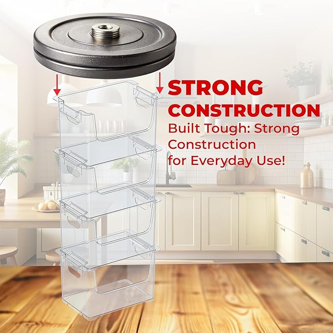 TidyFriend Stackable Storage Bins for Pantry - 4 Pack Stackable Bins for Organizing Food, Kitchen, and Bathroom Essentials (Clear)