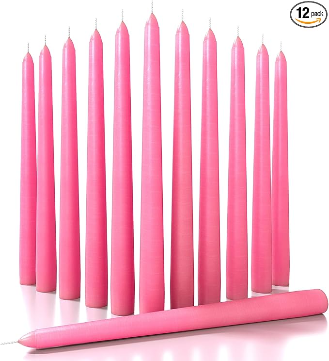 CANDWAX Pink 10 inch Taper Candles Set of 12 - Unscented Smokeless Dripless Pink Candlesticks - Perfect as Easter Candles and for Holidays, Ordinary Dinners and Special Occasions - Tall Candle Sticks
