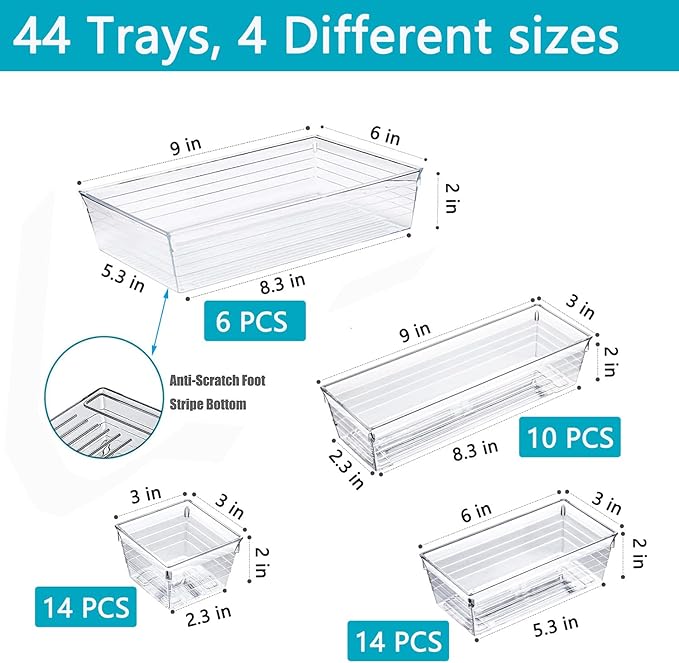 DCA 44 PCS Clear Drawer Organizers Set, 4 Size Versatile Bathroom and Vanity Organizer Trays, Cosmetic Display Cases for Makeup, Jewelries, Bedroom, Kitchen Utensils and Office