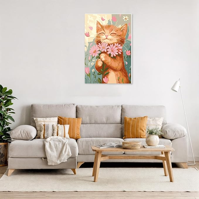 NAIMOER Cat Flower Paint by Numbers Kits for Adults Beginner with Wooden Framed, Color by Numbers on Canvas Painting Kits for Adults, Easy Paint DIY Acrylic for Home Wall Decor 8X12 Inch
