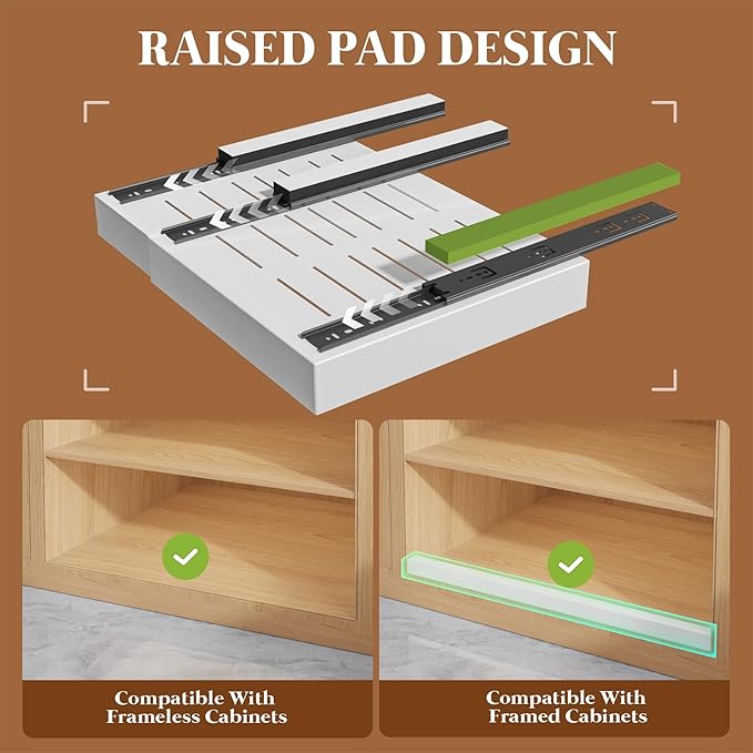 6 Pack Expandable Pull Out Cabinet Organizer 21"Deep With Raising Pad for Framed Cabinets,Upgrade 3 Slide Rails Slide Out Drawers,No Drill Roll Out Shelves,Adjustable Width 12.1"-20.4" White