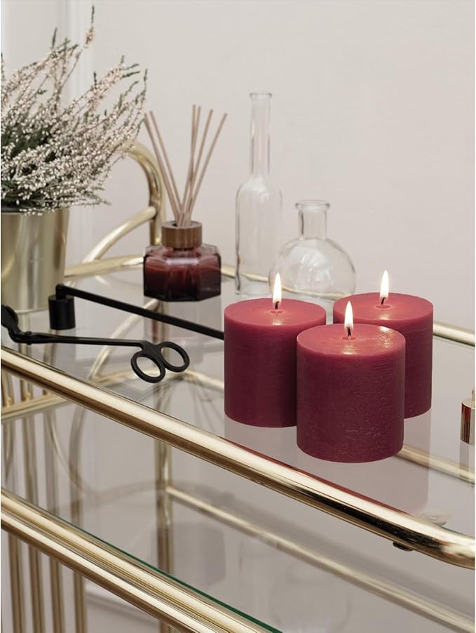CANDWAX 3x3 Pillar Candles Set of 3 - Rustic Unscented No Drip Burgundy Candles for Home Decor, Weddings, Centerpieces