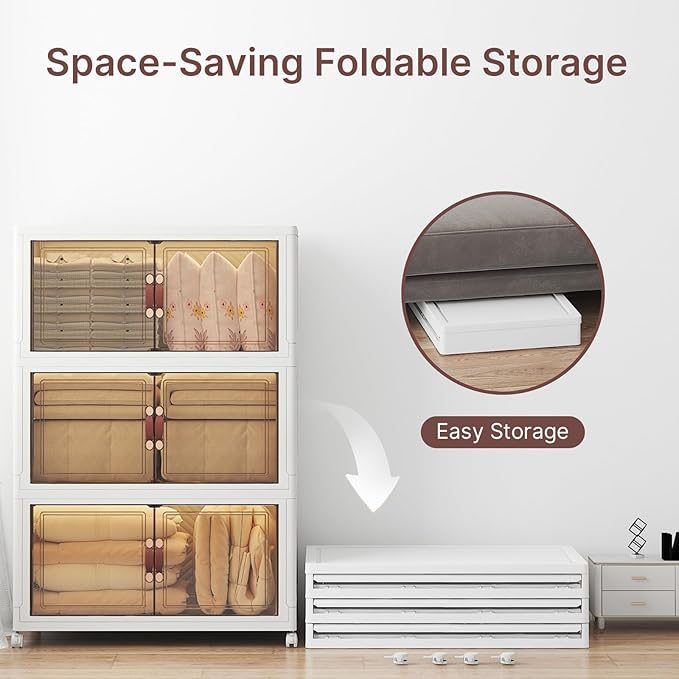 UAMFURI Stackable Storage Bins with Lids, 1080QT Lockable Storage Cabinet，Foldable Storage Box with Doors and Wheels, Plastic Drawers for Home, Garage, Office (6, White, Extra Large)