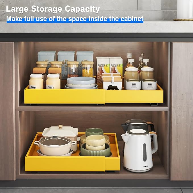 2 Pack Pull Out Cabinet Organizer, Expandable Slide Out Drawers for Kitchen Cabinets Peel and Stick Pullout Drawer Heavy Duty Sliding Shelves for Cupboard, Pantry, Bathroom(16.5" Deep, Yellow)