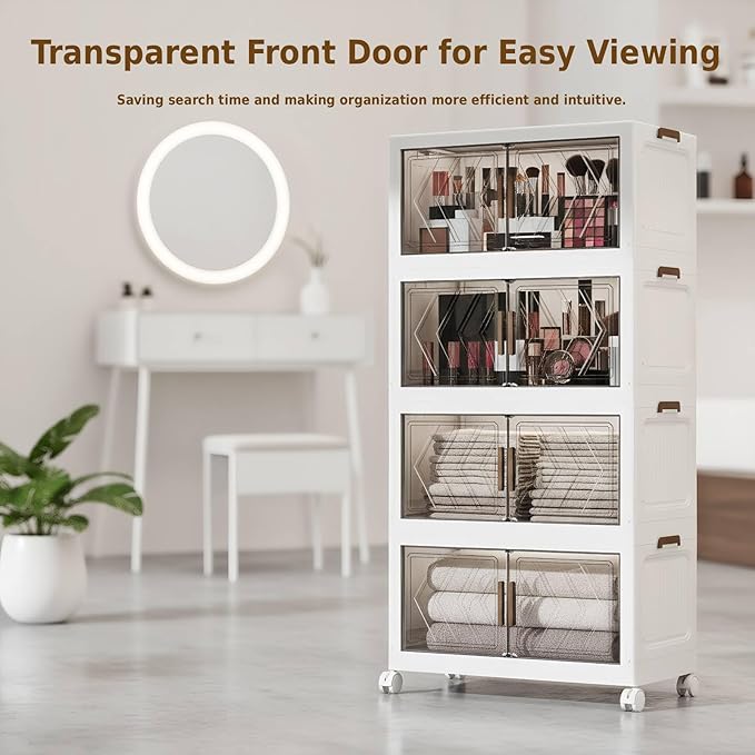 4-Tier Stackable Storage Bins with Lids 94QT Plastic Large Collapsible Storage Containers with Wheels and Magnetic Doors Foldable Closet Organizers for Living Room Garage Home Office, Clear
