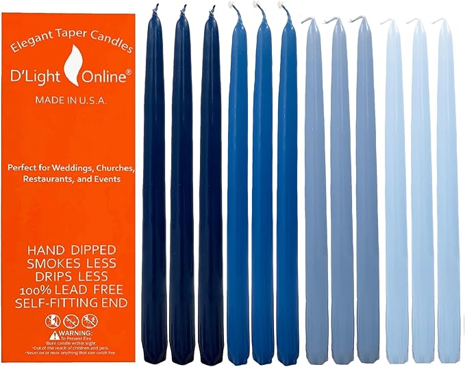 D'light Online Elegant 12" Blue Gradient Taper Candles Premium Quality- Unscented, Hand-Dipped Tapered, Dripless and Smokeless - Set of 12 (12 Inch, Blue Gradient)
