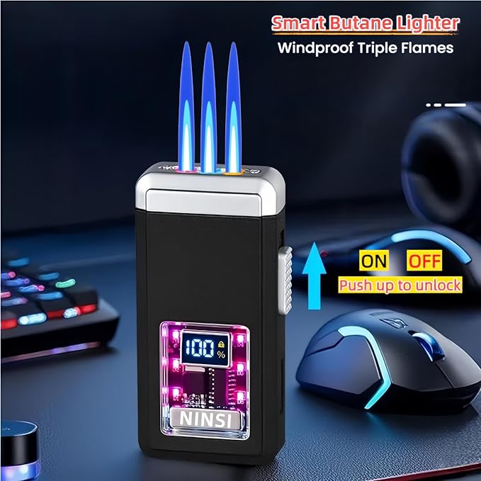 Smart Butane Torch Lighter - 4 Ignition Modes, Refillable and Rechargeable Lighters, Windproof Triple Flames with LED Battery Level and Ignition Count Display (Without Fuel) (Black)