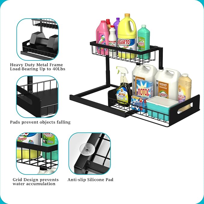 REALINN Under Sink Organizer, L-Shaped 2 Tier Pull Out Cabinet Organizer for Kitchen and Bathroom, Slide Out Under Cabinet Storage, Metal Under Sink Storage with Sliding Drawer, 50 lbs, Black 2 Pack