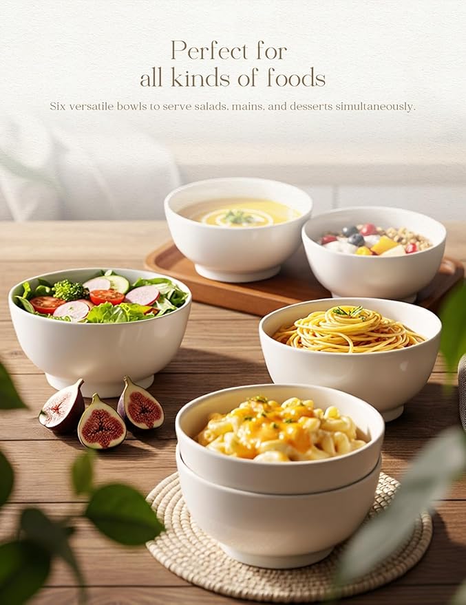 AISBUGUR Ceramic Bowls Set of 6-26OZ Deep Soup Bowls Salad Bowls for Kitchen Microwave & Dishwasher Safe - White Serving Bowls for Cereal, Soup, Pasta, Dessert