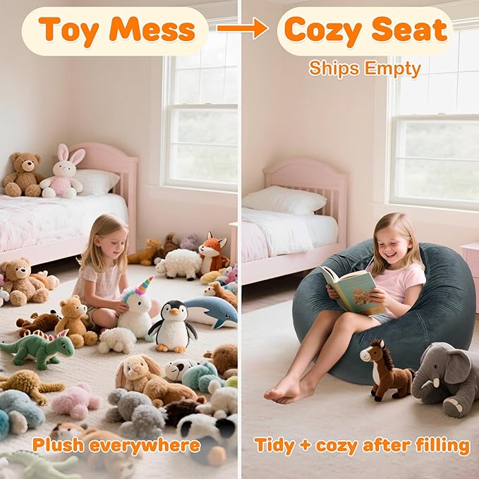 Lukeight Stuffed Animals Storage Bean Bag Chair Cover Only (Ships Empty, No Filling) - Velvet YKK Zipper Beanbag Cover for Toddlers and Kids, Washable Plush Toy Organizer, Large 27" D x 16" H